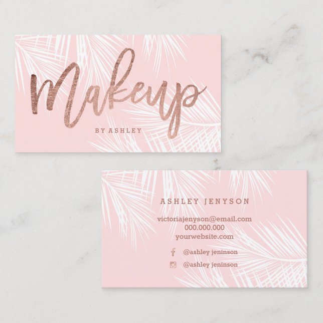 Makeup artist rose gold script pink palm tree business card (Front/Back)