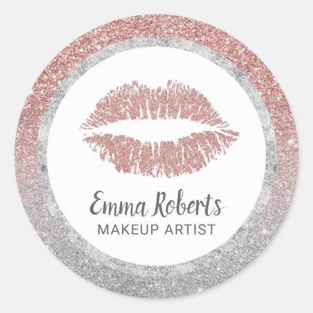 Makeup Artist Rose Gold Silver Glitter Lips Print Classic Round Sticker (Front)
