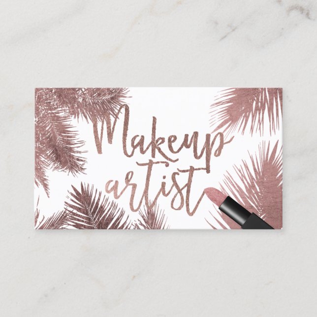 Makeup Artist Rose Gold Typography Tropical Leaves Business Card (Front)