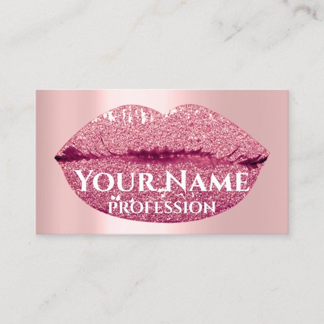 Makeup Artist Rose Kiss Lips Pink Glitter Business Card (Front)