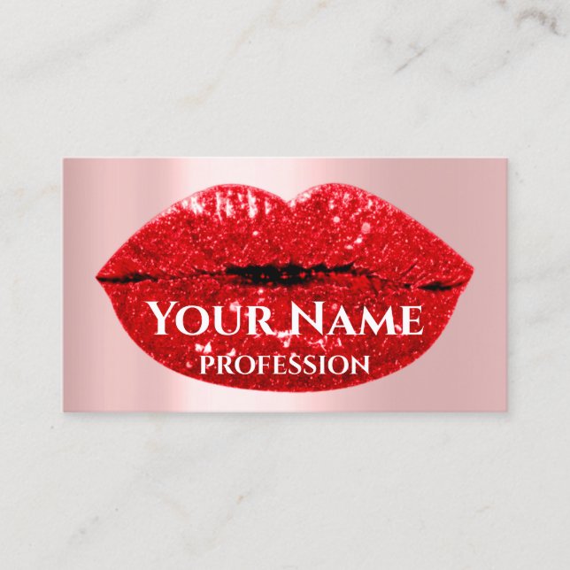 Makeup Artist Rose Kiss Lips Red Blush Glitter Business Card (Front)