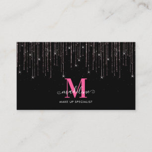 Makeup Artist Rosegold Pink Drip Glitter Monogram Business Card