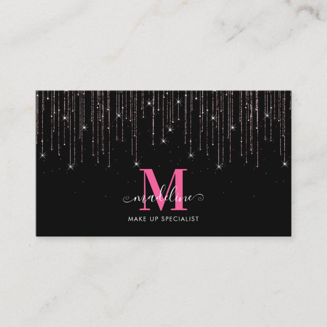 Makeup Artist Rosegold Pink Drip Glitter Monogram Business Card (Front)