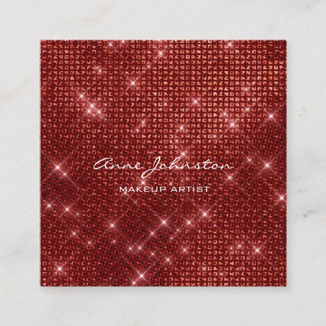 Makeup Artist Ruby Red Sparkle Glitter Glam Square Business Card (Front)