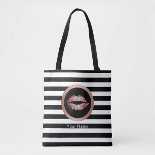 Makeup Artist Salon Rose Gold Lips Modern Stripes Tote Bag