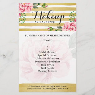 Makeup Artist Salon Watercolor Floral Gold Striped Flyer