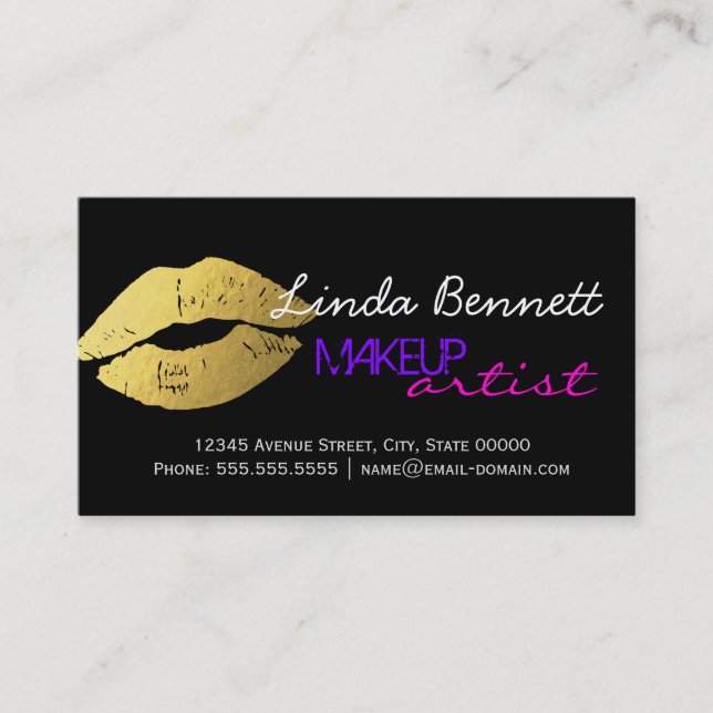 Makeup Artist - Sassy Gold Lips Dark Theme Style Business Card (Front)