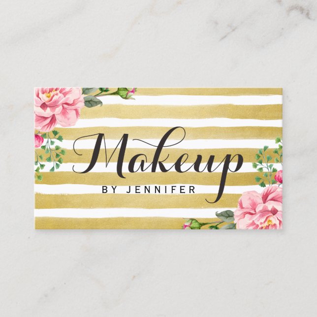 Makeup Artist Script Classy Floral Gold Striped Business Card (Front)
