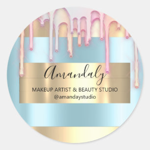 Makeup Artist Shop Framed Rose Gold Blue Favour Classic Round Sticker