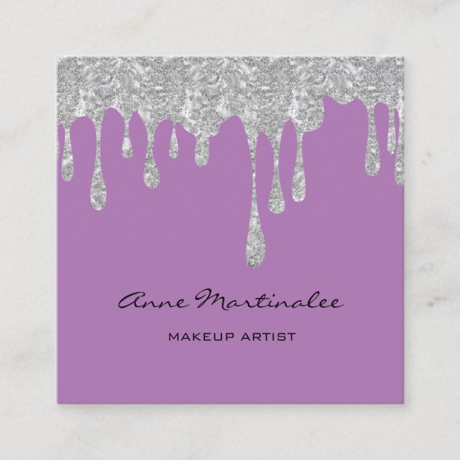 Makeup Artist Silver Dripping Glitter Square Business Card (Front)