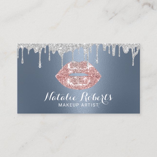 Makeup Artist Silver Drips Chic Lips Dusty Blue Business Card (Front)