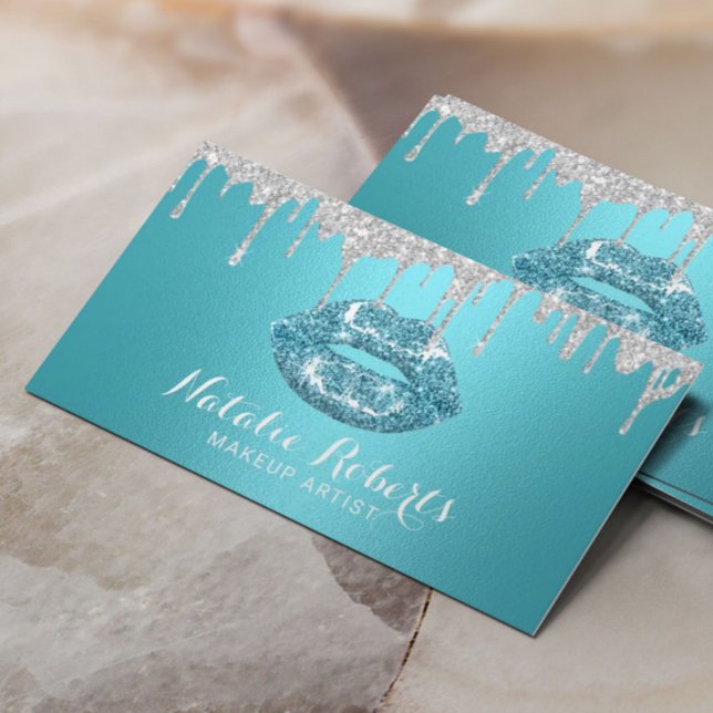 Makeup Artist Silver Drips Turquoise Lips Salon Business Card (Creator Uploaded)