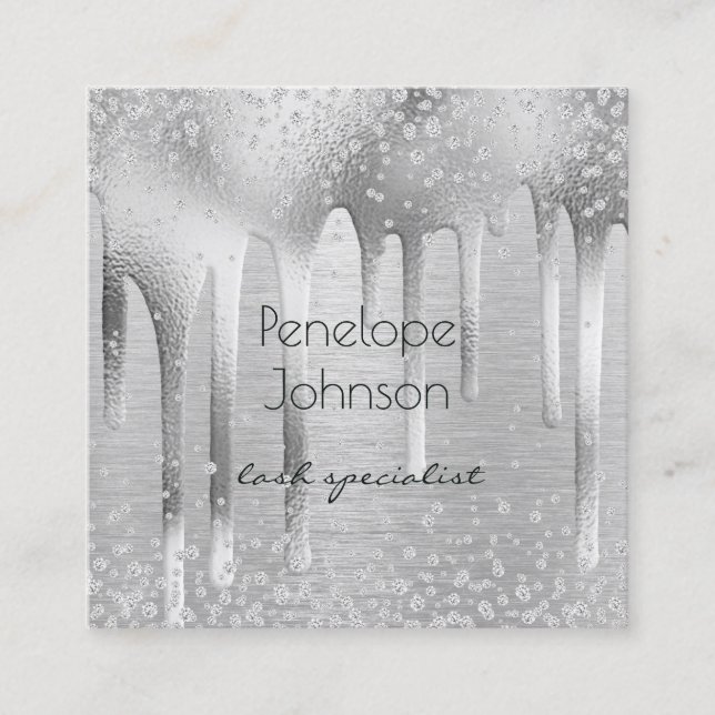 Makeup Artist Silver Foil and Diamonds Glam Square Business Card (Front)
