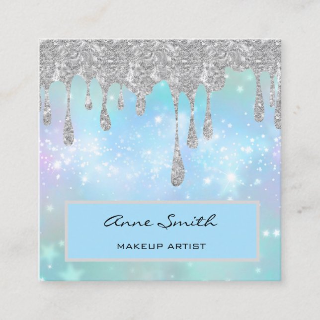 Makeup Artist Silver Glitter Dripping on Blue Square Business Card (Front)