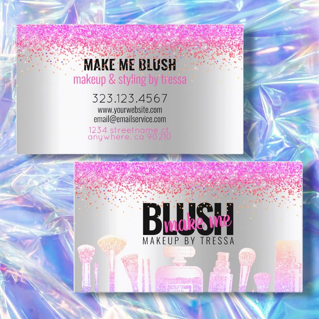 Makeup Artist Silver Glitter + Hot Pink Ombre Gems Business Card (Creator Uploaded)