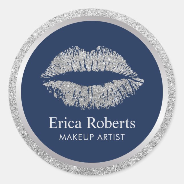 Makeup Artist Silver Glitter Lips Beauty Salon Classic Round Sticker (Front)