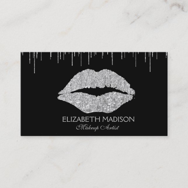 Makeup Artist Silver Glitter Lips Business Card (Front)
