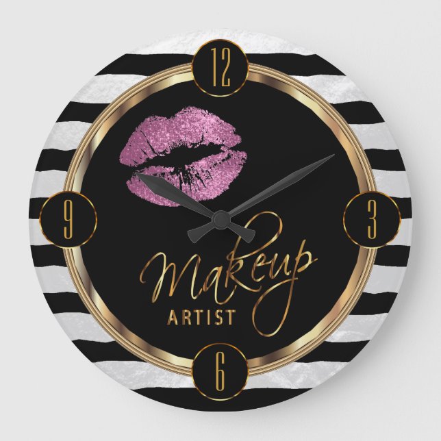 Makeup Artist So Pink Lips with White Stripes Large Clock (Front)
