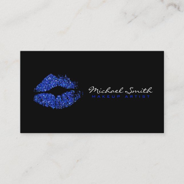 Makeup Artist Stylish Blue Glitter Lips Business Card (Front)