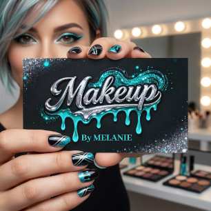 Makeup Artist Teal Silver Drips Trendy Glitter Business Card