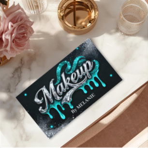 Makeup Artist Teal Silver Drips Trendy  Glitter Business Card