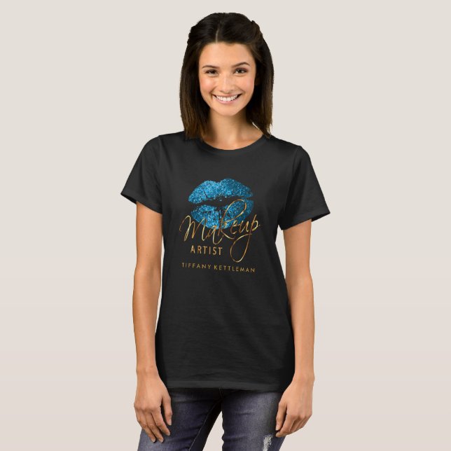Makeup Artist Turquoise Blue Glitter Lips T-Shirt (Front Full)