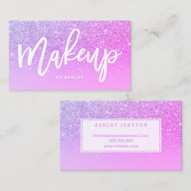 Makeup artist typography pink purple glitter business card (Front/Back)