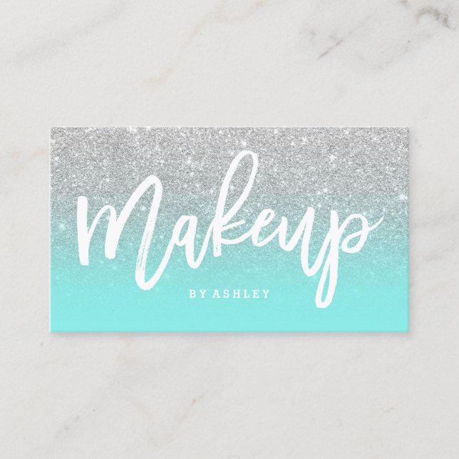 Makeup artist typography silver glitter teal business card (Front)