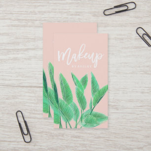 Makeup artist typography watercolor tropical leaf business card