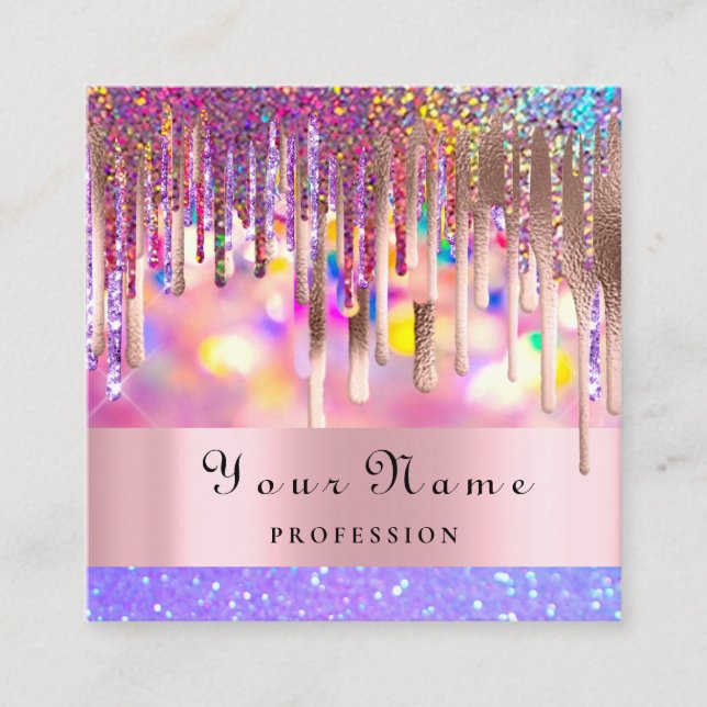 Makeup Artist Unicorn Holograph Drip Nails Glitter Square Business Card (Front)