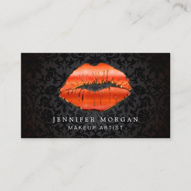 Makeup Artist Unique 3D Gold Red Lips Damask Business Card (Front)