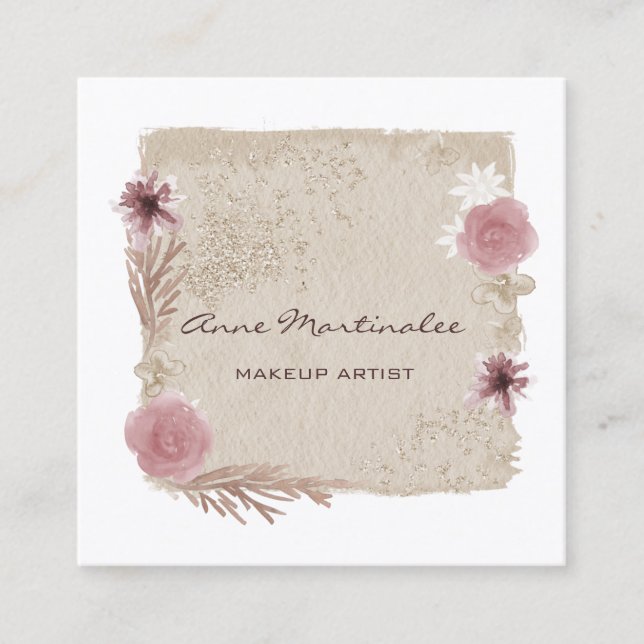 Makeup Artist Watercolor Boho Floral Square Business Card (Front)