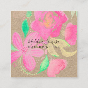 Makeup Artist Watercolor Botanical Pink Floral Square Business Card