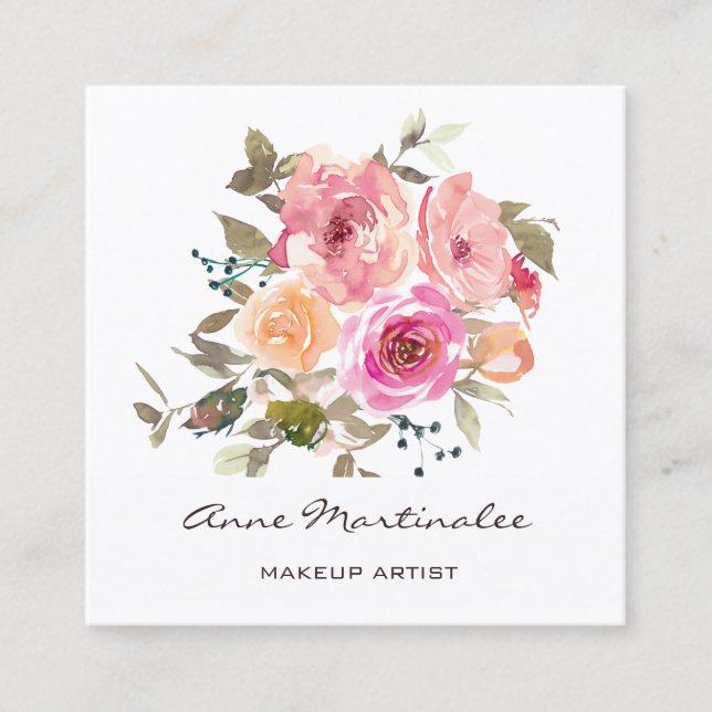 Makeup Artist Watercolor Floral  Square Business Card (Front)