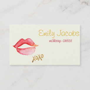 Makeup Artist - Watercolor Lips & Gold Foil XOXO Business Card