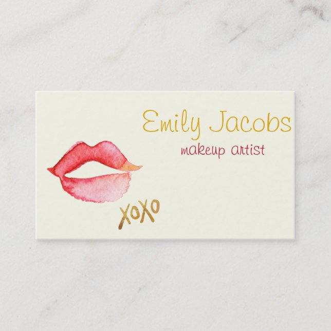 Makeup Artist - Watercolor Lips & Gold Foil XOXO Business Card (Front)
