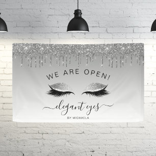 Makeup Artist We Are Open Glitter Drip Eyes Silver Banner
