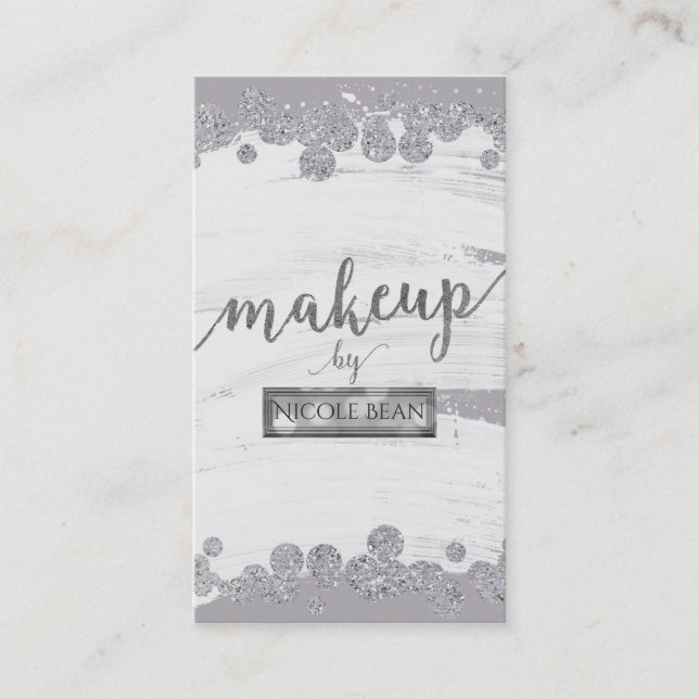 Makeup Artist White Grey & Silver Sparkle Dot Glam Business Card (Front)