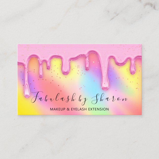 Makeup Artist White Lashes Drip Rainbow Holograph Business Card (Front)
