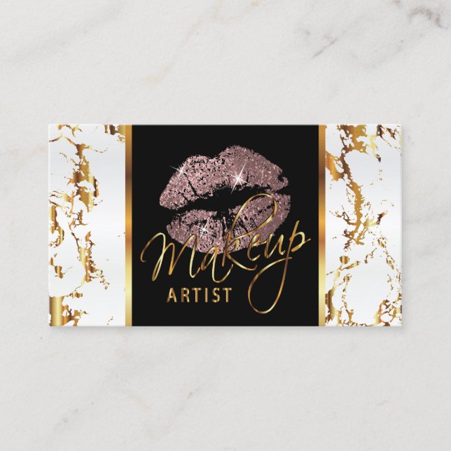 Makeup Artist - White Marble Gold Accents & Rose Business Card (Front)