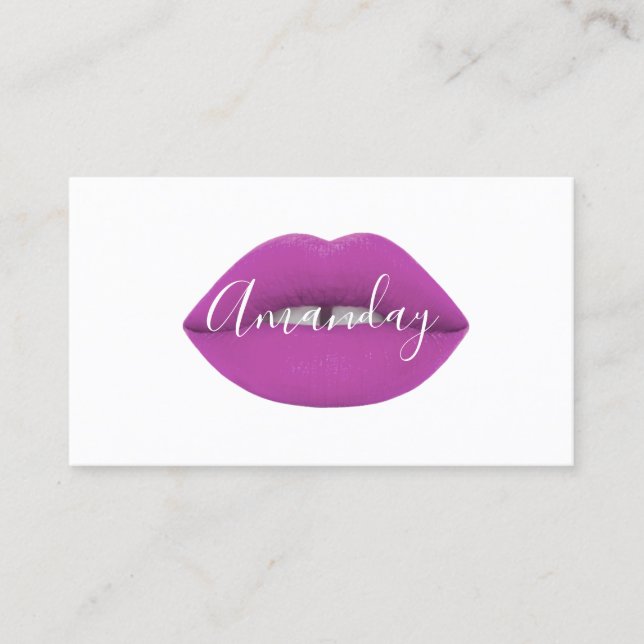 Makeup Artist White Purple Lips Logo QR Code Logo  Business Card (Front)