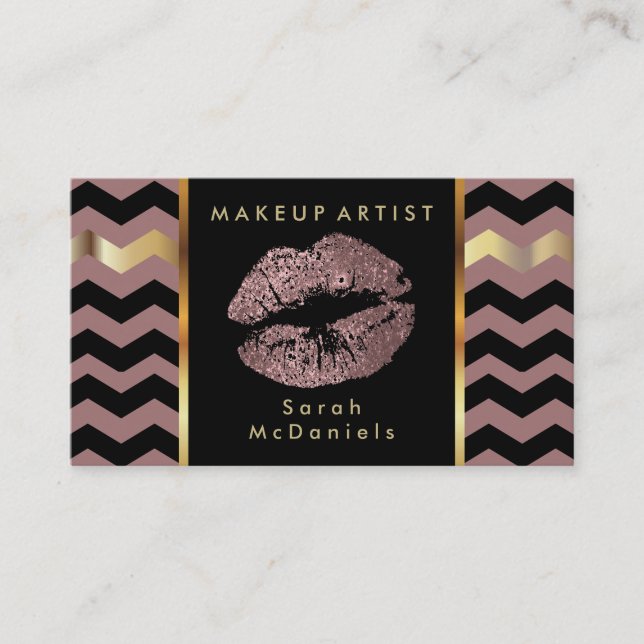 Makeup Artist with Chevron Gold Accents Business Card (Front)