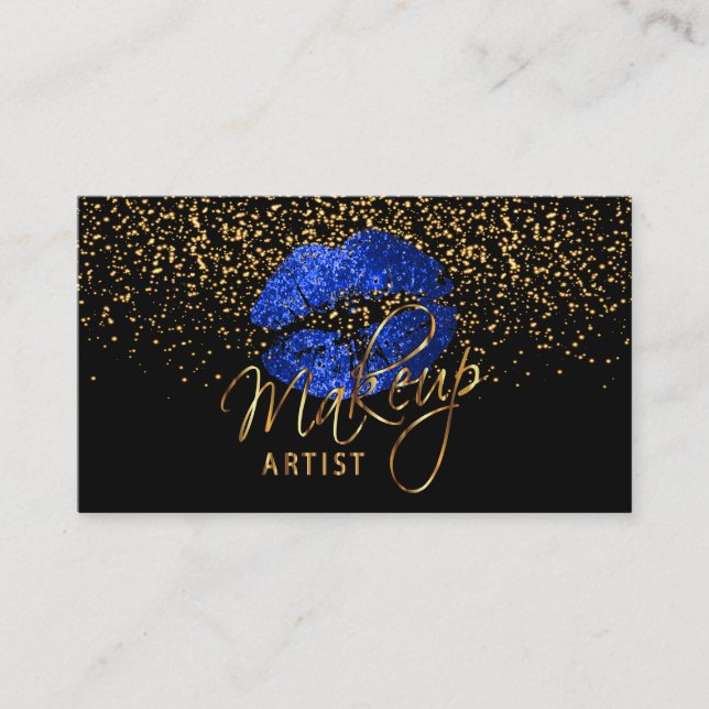 Makeup Artist with Gold Confetti & Blue Lips Business Card (Front)