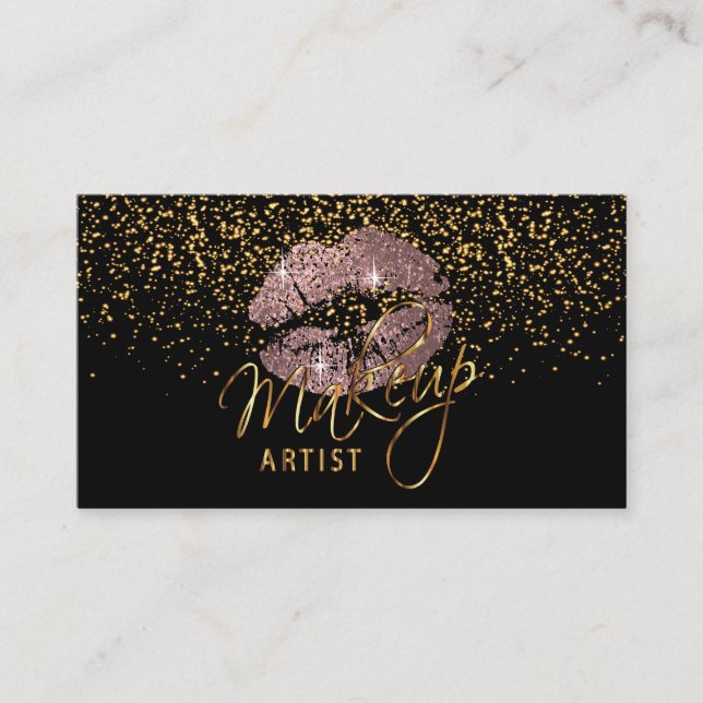 Makeup Artist with Gold Confetti & Dusty Rose Business Card (Front)