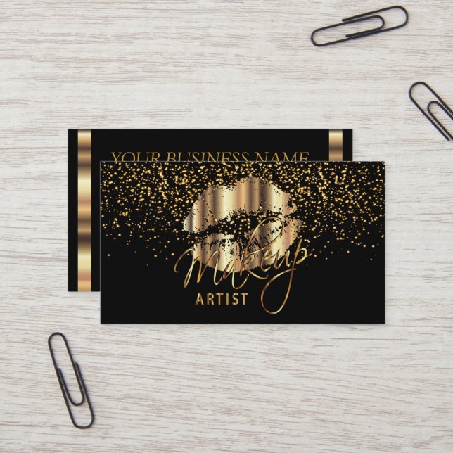 Makeup Artist with Gold Confetti & Gold Metal Lips Business Card (Front/Back In Situ)