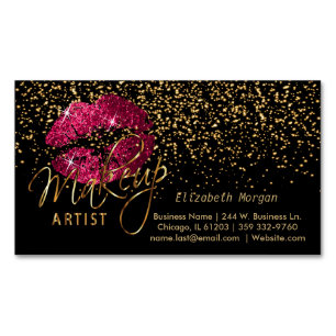 Makeup Artist with Gold Confetti & Hot Pink Lips Magnetic Business Card