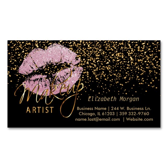Makeup Artist with Gold Confetti & Pink Lips Magnetic Business Card (Front)
