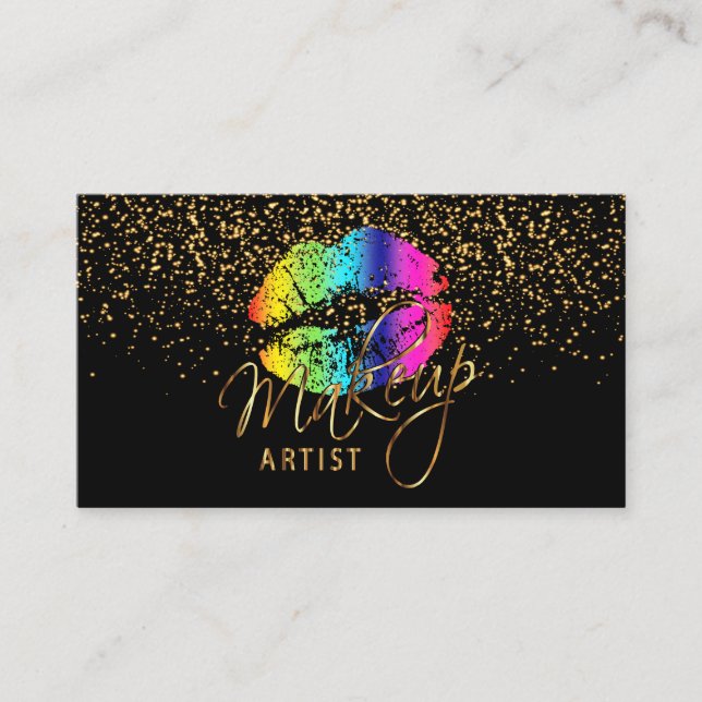 Makeup Artist with Gold Confetti & Rainbow Lips Business Card (Front)