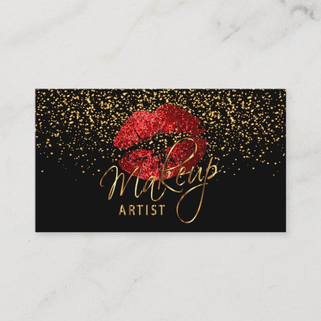 Makeup Artist with Gold Confetti & Red Lips Business Card (Front)