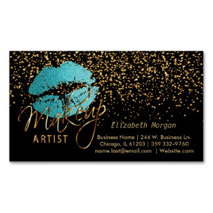 Makeup Artist with Gold Confetti & Teal Lips Magnetic Business Card